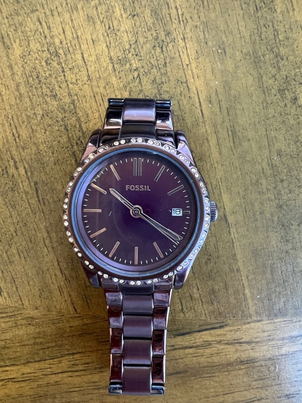 Fossil Deep Purple Crystal Accent Stainless Steel Bracelet Watch